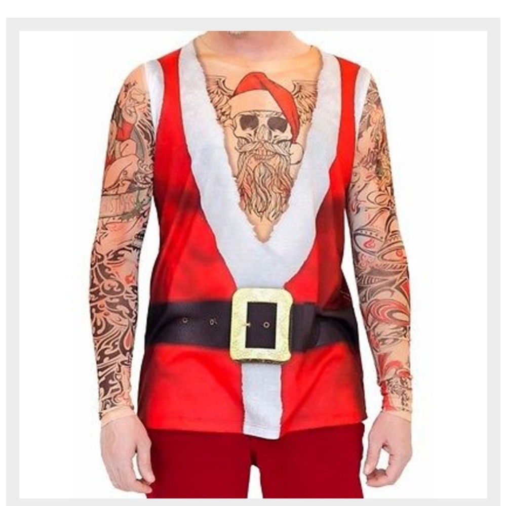 Faux Real Photo Realistic Motorcycle Gang Santa‎ Shirt W/ Tattoo Sleeves L